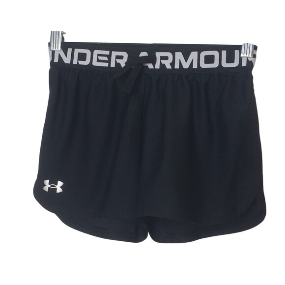 Under Armour Girls UA Tech Shorts M Black Athletic Play Up Logo Sporty Tie Waist - Picture 1 of 4